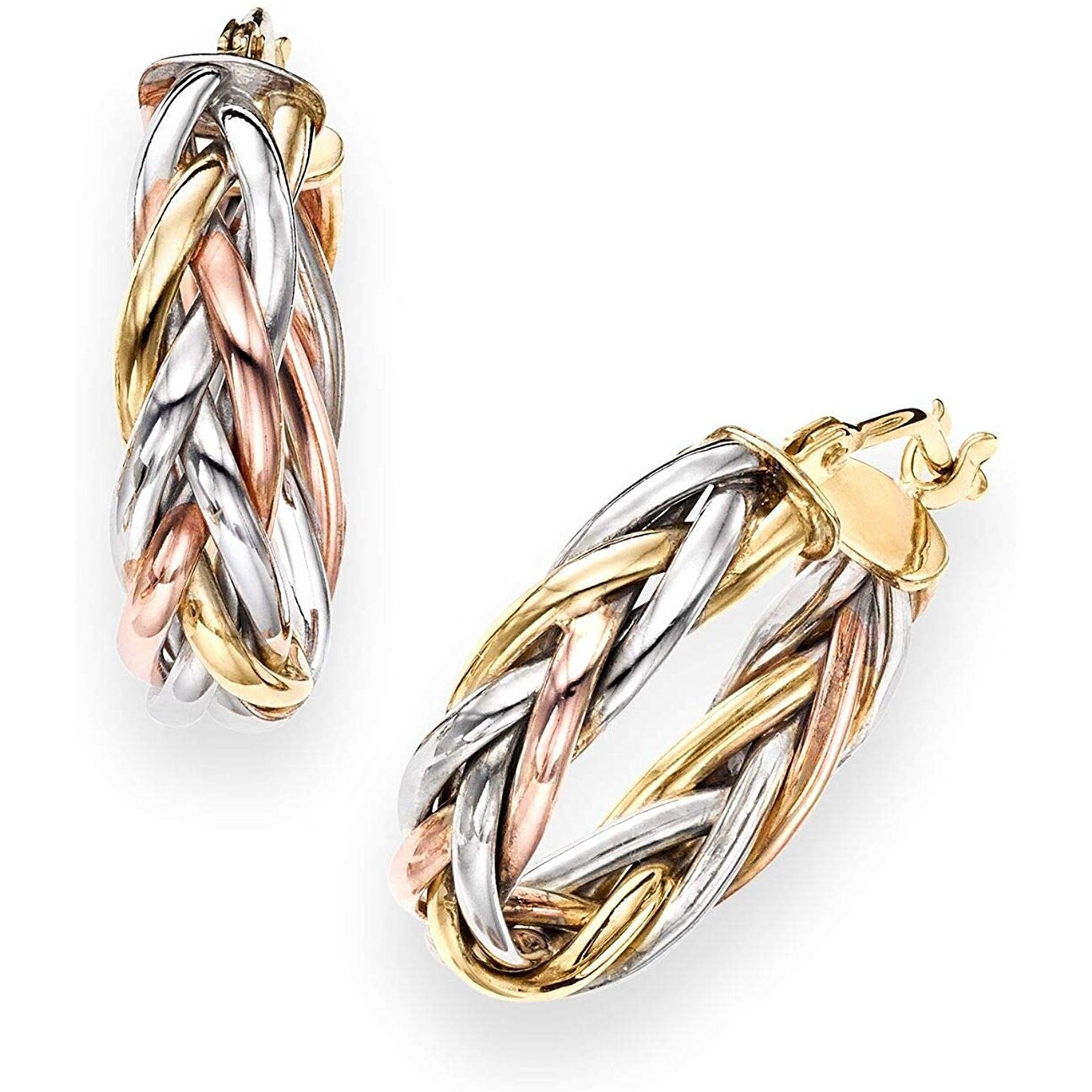 Tricolor Triple Braided Round Hoop Earrings Real 14K Yellow White Rose Gold