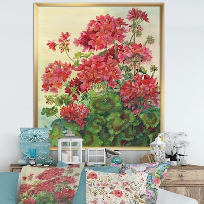 Designart "Blossoming Red Geraniums" Traditional Framed Art Print