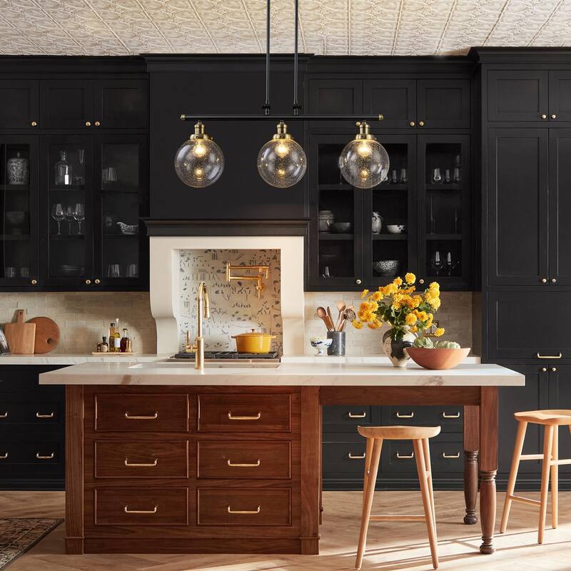 34.5" W 3-Light Industrial Black and Gold Linear Adjustable Island Pendan Light with Clear Seeded Glass Globe for Dining Room