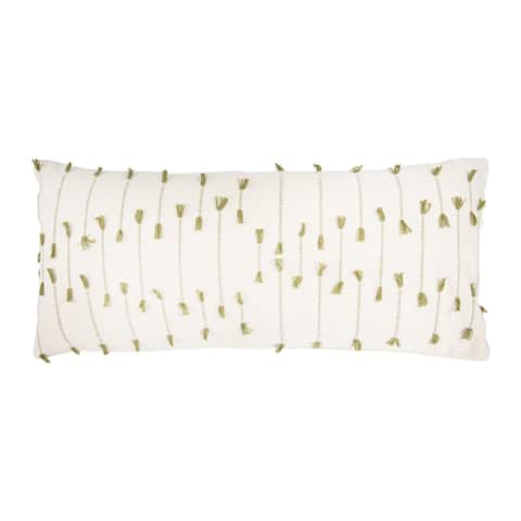 Handwoven Green Cotton Blend Lumbar Pillow with Tassels