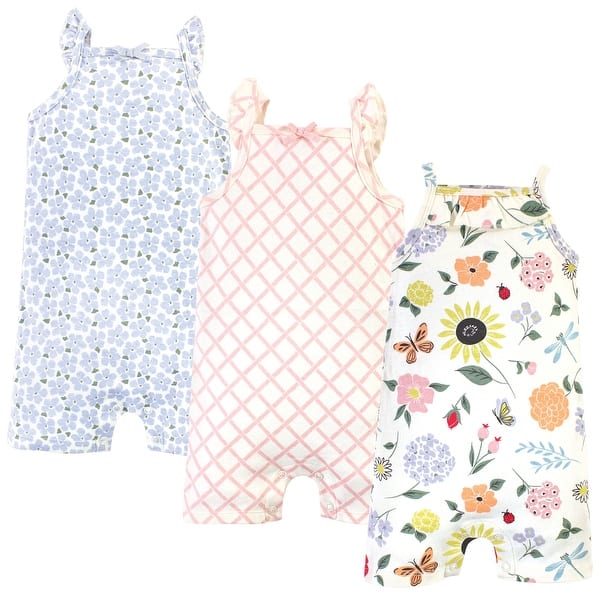 slide 1 of 1, Touched by Nature Baby Girl Organic Cotton Rompers 3pk, Flutter Garden 18 - 24 Months - Blue/Pink