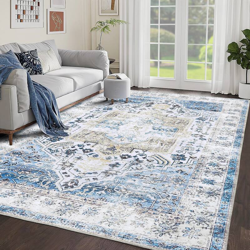 Vintage Medallion Living Room Rug Washable Soft Non-Slip Low Pile Area Rug Indoor Distressed Accent Rug