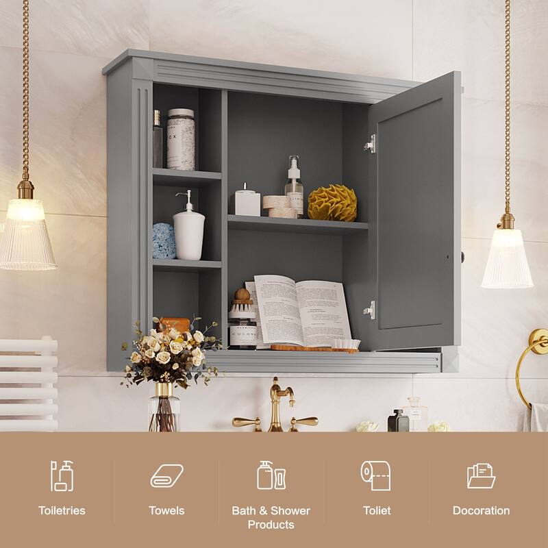 Mirror Cabinet with 6 Open Shelves, 35'' x 28'' Wall Mounted Bathroom Storage Cabinet, Grey