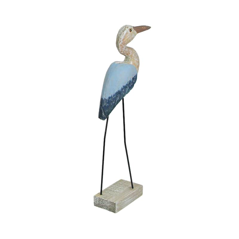 16 Inch Hand Carved Wood Blue Heron Bird Statue Sculpture Art - 15.5 X 7 X 2.5 inches