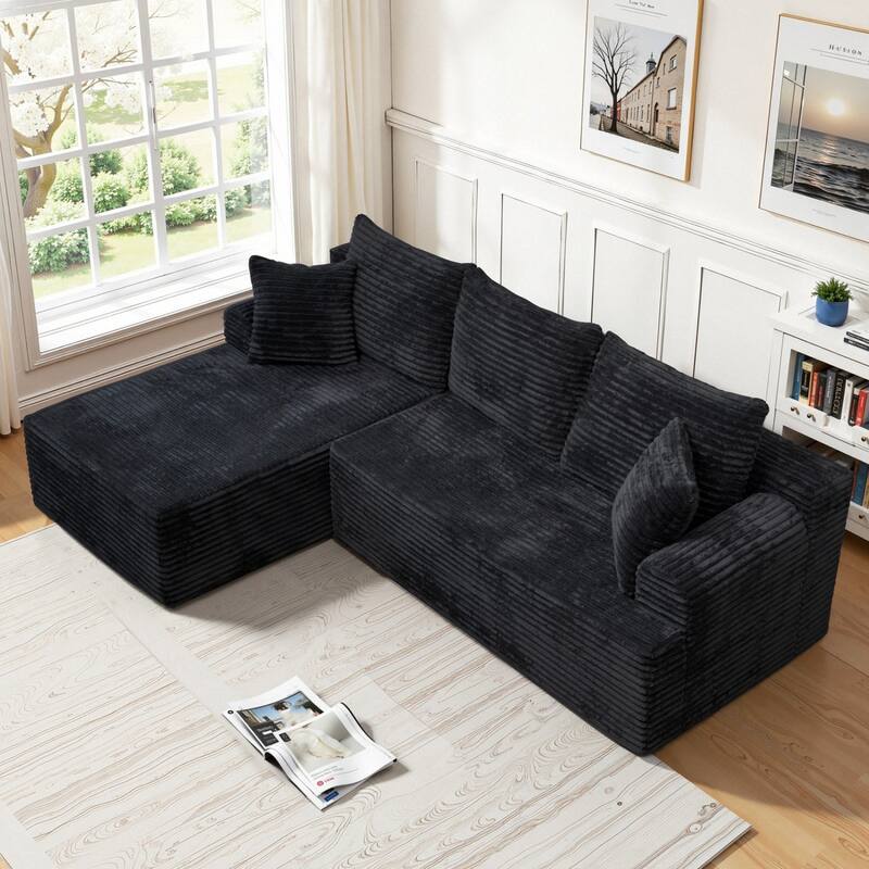 95.2" Modern L-Shaped Corduroy Sectional Sofa, No Assembly Reqired - Black - Right Facing