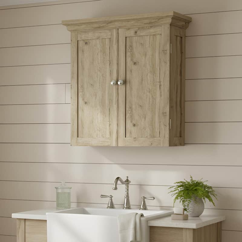 Teamson Home Stratford Removable Wall Cabinet 2 Doors, Adjustable Shelves, Crown Molding, Beveled Inlays for Bathroom Storage