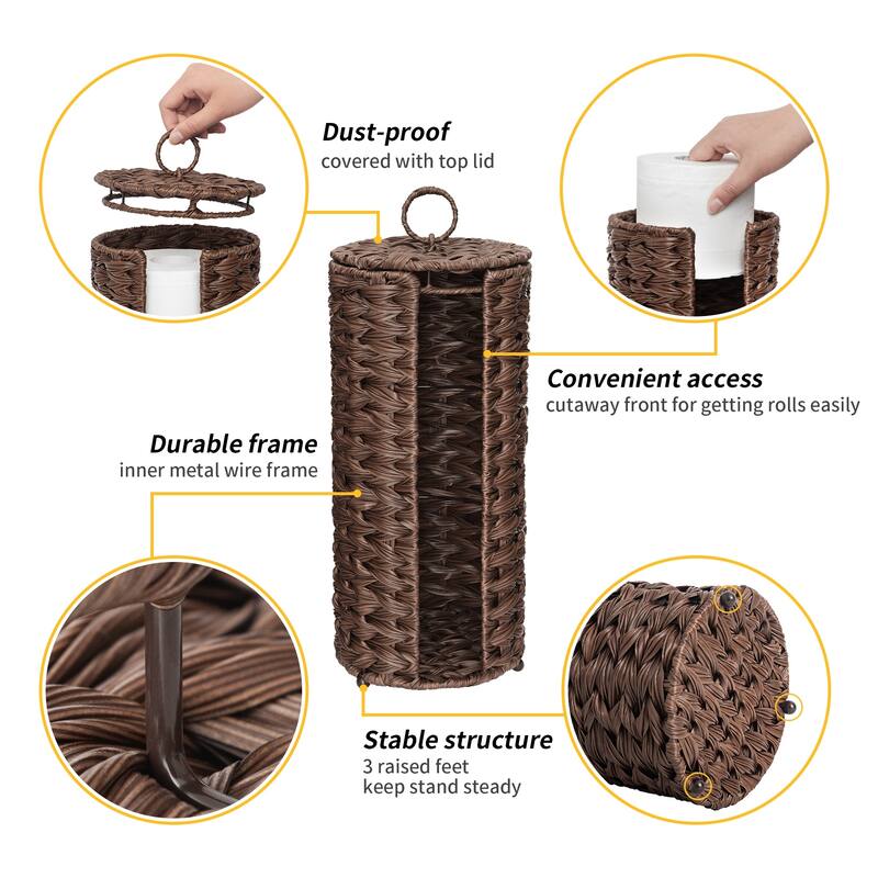 Freestanding Woven Toilet Paper Roll Holder with Lid for Bathroom, Power Room - 14.5'' H X 7'' W X 7'' D