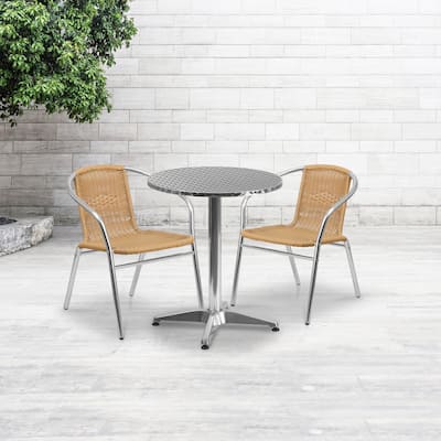 23.5'' Round Aluminum Indoor-Outdoor Table Set with 2 Rattan Chairs - 23.5"W x 23.5"D x 27.5"H - 23.5"W x 23.5"D x 27.5"H