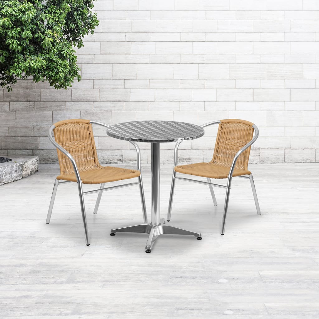 23.5'' Round Aluminum Indoor-Outdoor Table Set with 2 Rattan Chairs - 23.5"W x 23.5"D x 27.5"H - 23.5"W x 23.5"D x 27.5"H