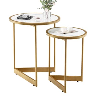 Set of 2 Round Nesting Table Modern Marble Texture Coffee Tables