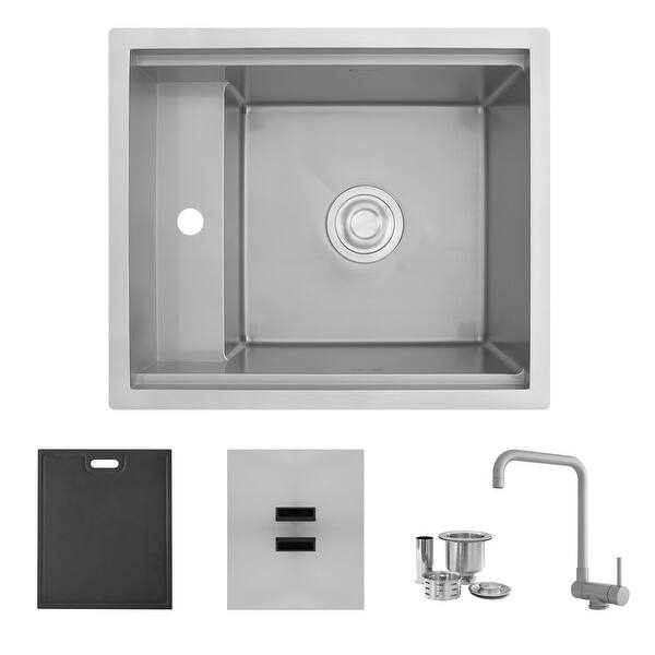 slide 2 of 11, Concealed Dual-Mount 20" Stainless Steel Utility Sink, 1-Hole Prep, Dura-Tek Finish, Handmade with Stainless Faucet.
