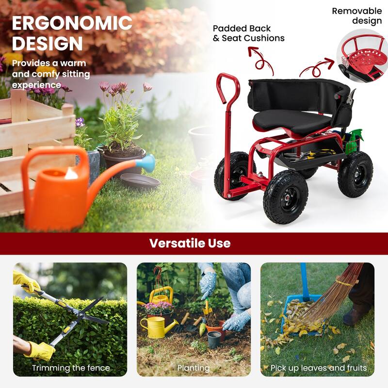 Costway Rolling Garden Cart Height Adjustable Scooter with Swivel Seat - See Details