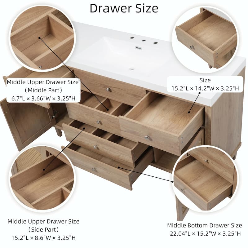 60" Bathroom Vanity with SMC Sink - Modern Large Storage Cabinet with Soft Close Drawers and Rattan Doors