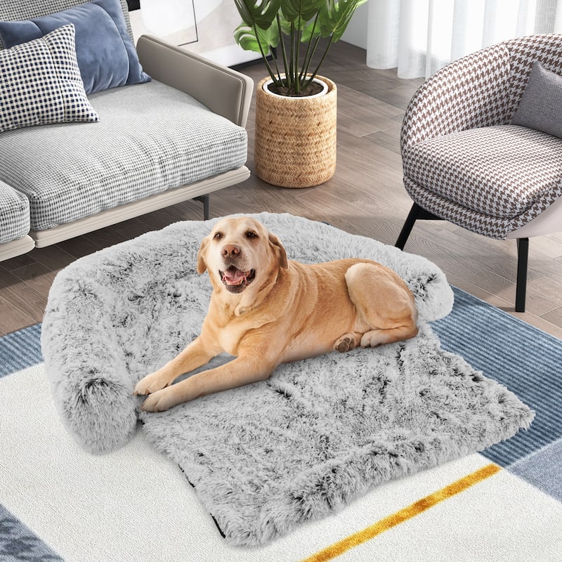 White-Grey Plush Calming Dog Couch Bed with Anti-Slip Bottom