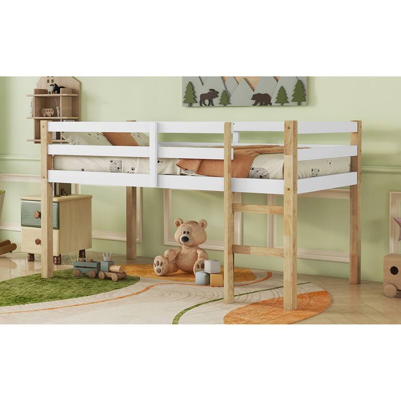 Roomfitters Full/Twin Rubber Wood Loft Bed with Ladder, Reinforced Slat Platform, Low Height Design, Espresso