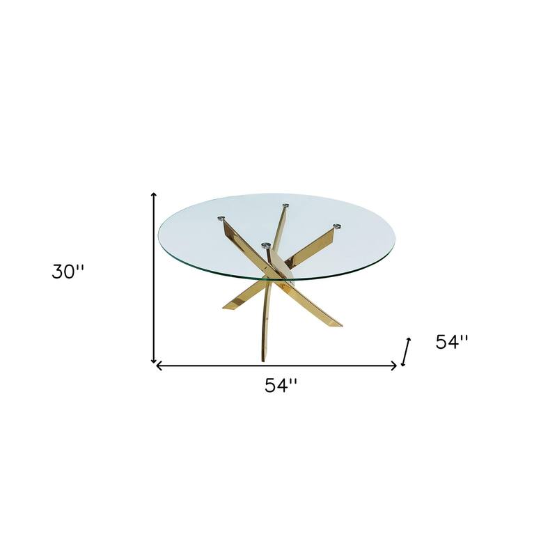 HomeRoots 54" Clear and Gold Glass and Metal Cross Leg Base Round Top Dining Table - 54.00 in. x 30.00 in. x 54.00 in.