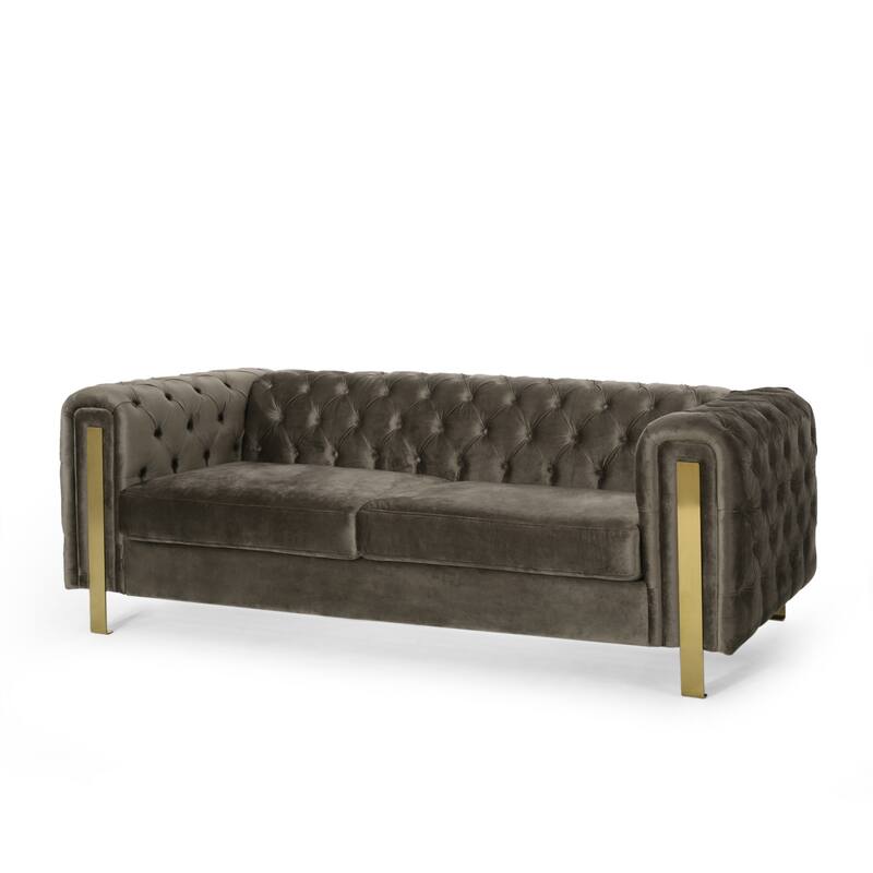 Velvet Button Tufted 3-seater Sofa with Iron Legs