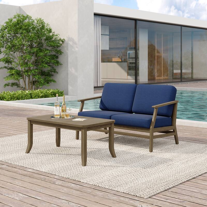 Teak Wood Patio Outdoor Loveseat Sofa and Coffee Table Set