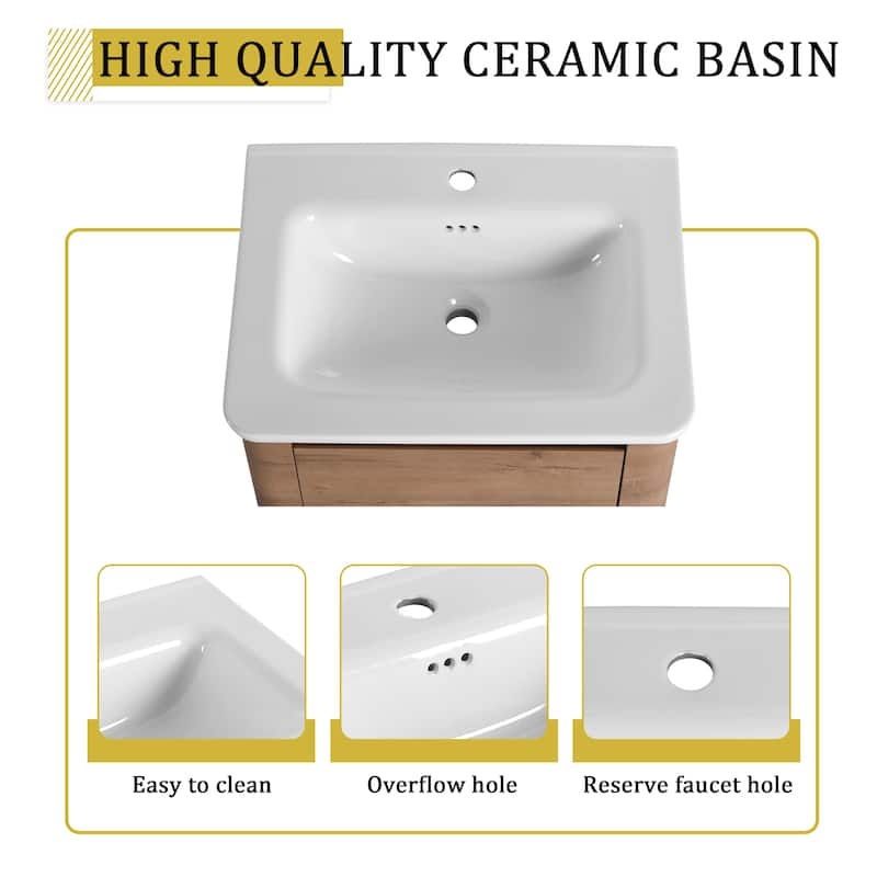 24'' Wall-Mounted Bathroom Vanity with White Ceramic Sink & 1-Soft-Close Door, KD-Packing, Plywood