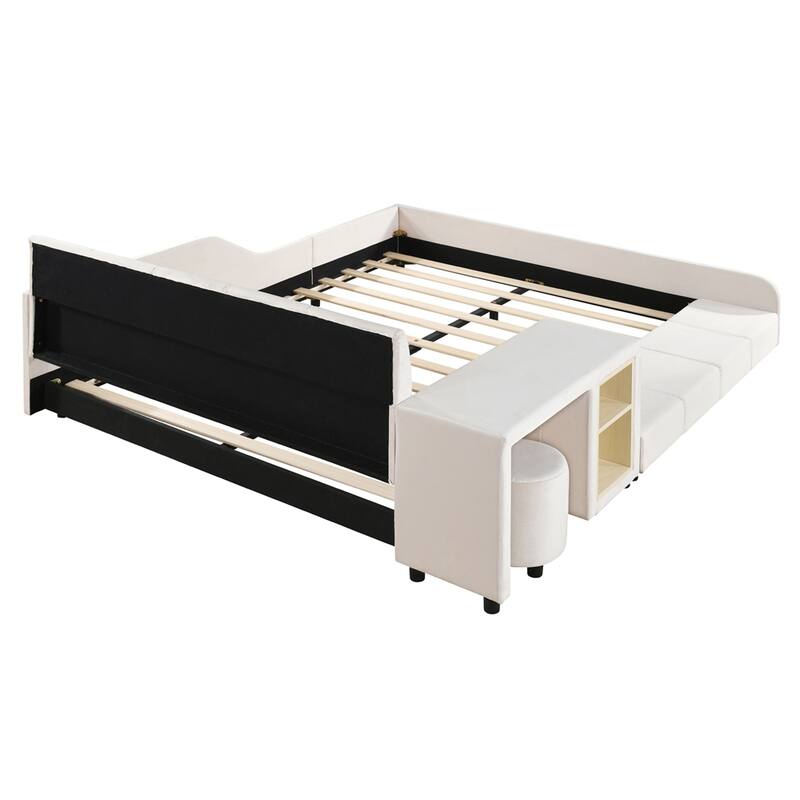 Full Upholstered Grounded Bed w/ Bedside Desk & Little Round Stool