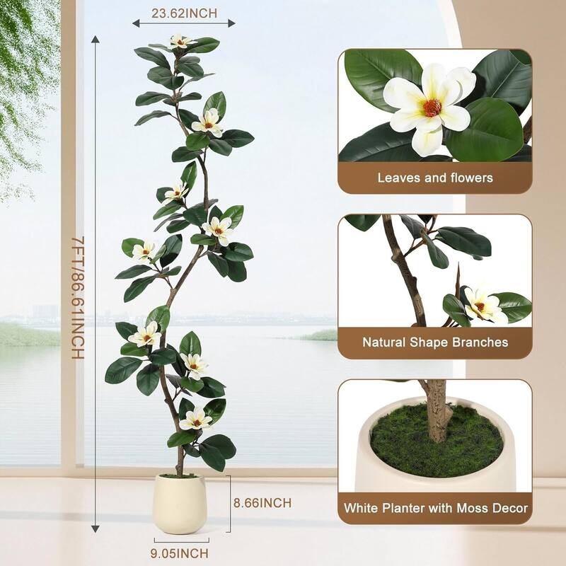 Artificial Faux Rubber Tree with Magnolia Flowers for Home Decor