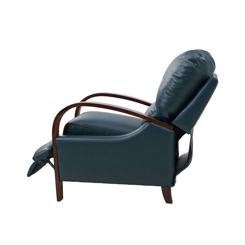 Alex Mid-century Modern Genuine Leather Manual Recliner with Wooden Curved Arms
