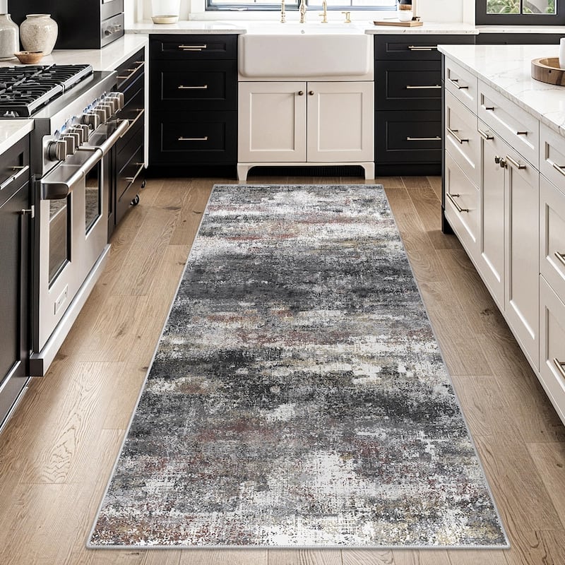 Mcow Abstract Low Pile Machine Washable Non-Slip Area Rug - 2'X7' - Dark Grey - Rectangle