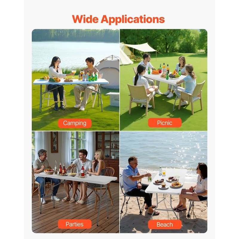 6ft White HDPE Folding Portable Camping Table with Carbon Steel Legs for 4-6 Person for Picnic or BBQ