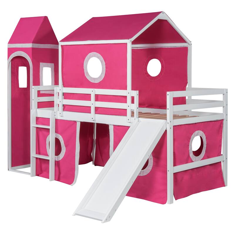Twin Size Loft Bed with Slide, Pink Tent, and Tower - Space-Saving Fun Design