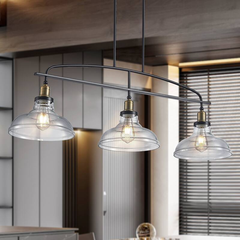 45" Chandelier with Clear Glass Shades, Adjustable Height, Modern Farmhouse Lighting for Dining Room Living Room - Black