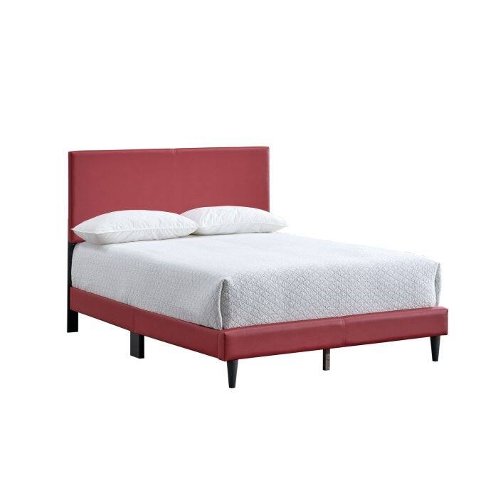 Red Faux Leather Full Bed Frame with Adjustable Headboard, No Box Spring Needed