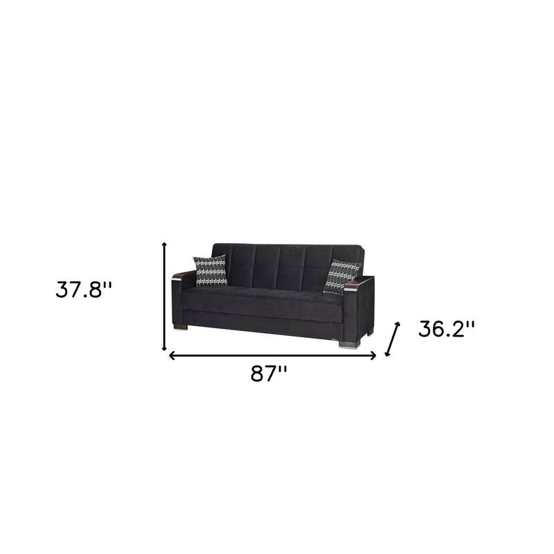 HomeRoots 87" Black Microfiber Convertible Futon Sleeper Sofa And Toss Pillows With Storage