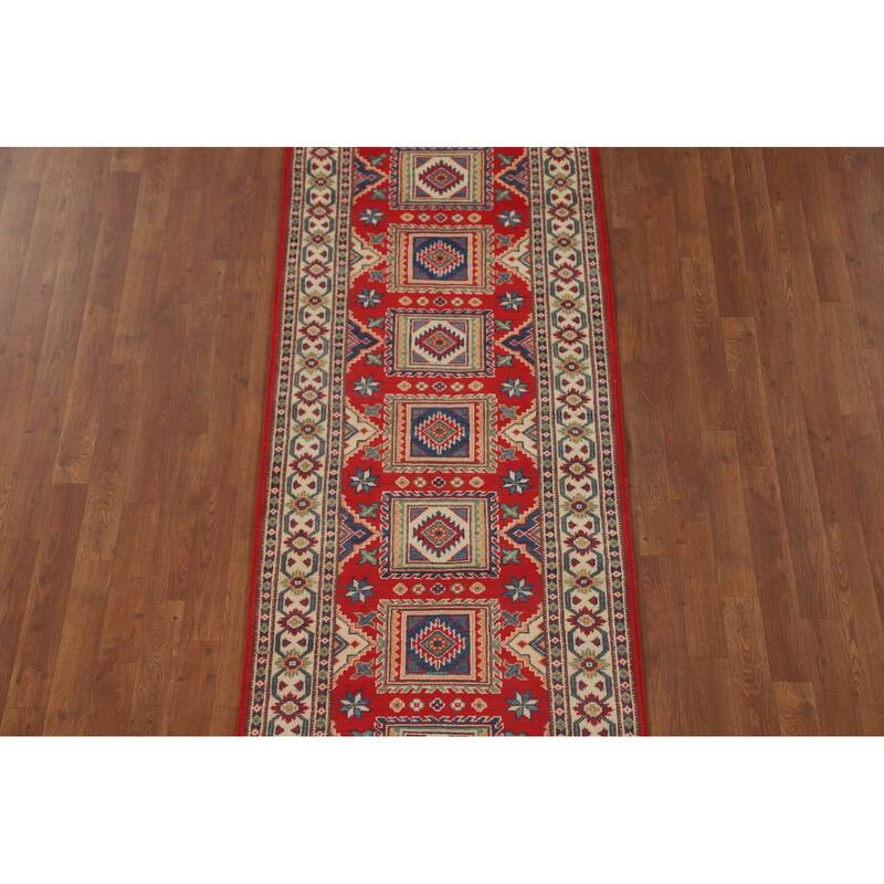 Geometric Kazak Runner Rug Hand-Knotted Red Wool Carpet - 2'9" x 9'4"