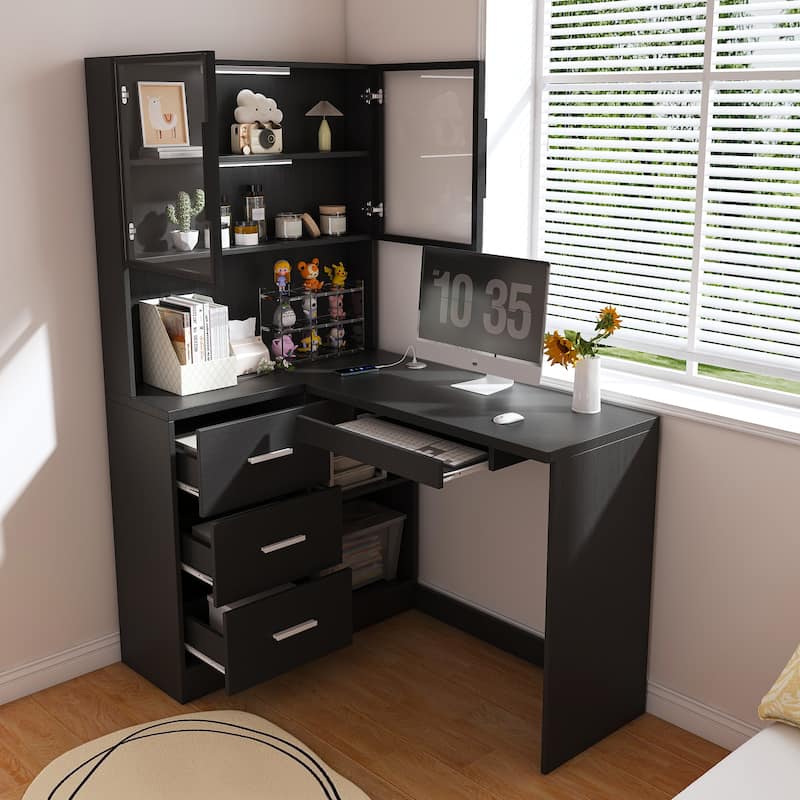 Computer Desk with Glass Cabinets & Built-In LED Lights, Corner L-Shaped Office Desk with USB Charging Ports, Keyboard Tray