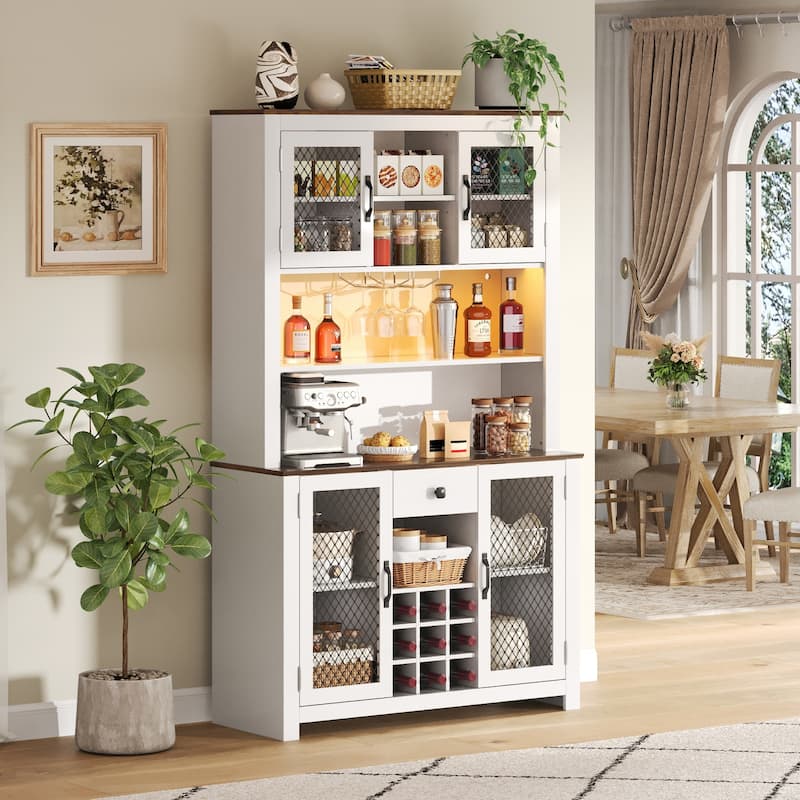 Anmytek 70.9 Inch White Kitchen Pantry Storage Cabinet Rustic Buffet with LED Outlets Wine Rack