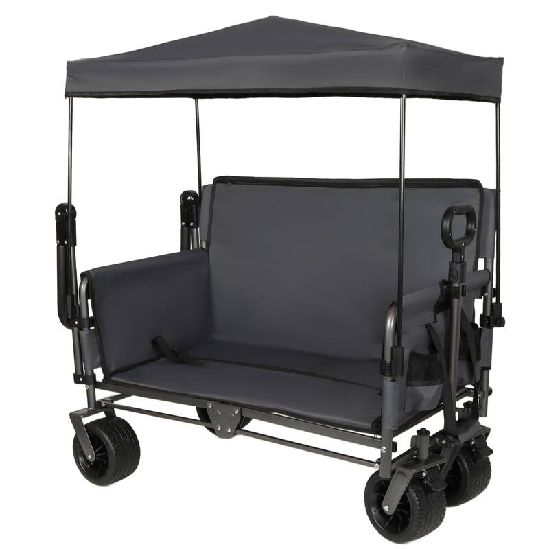 3-in-1 Folding Wagon Cart with Bench Seat & Canopy & Storage, 500lbs Heavy-Duty, 180L Capacity, All-Terrain Wagon