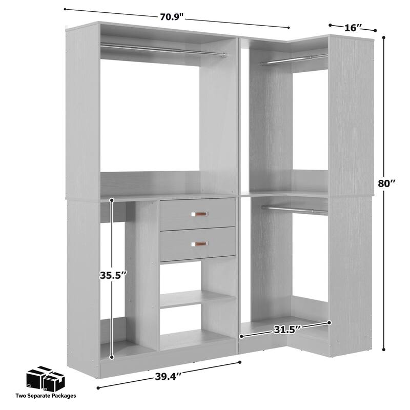 Vryon Set of 2 Corner Closet Organizer, 70.9'' W Closet System with Drawers and Hanging Rods