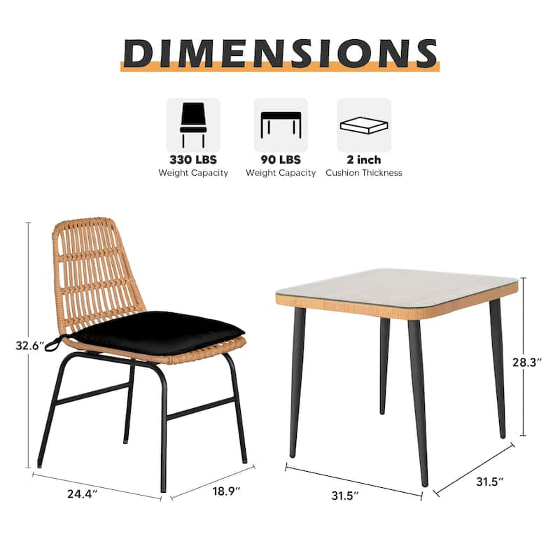 5 Piece Outdoor Dining Set, Glass Table with Woven Chairs for Patio, Balcony & Garden - 24.01"L x 20.87"W x 28.74"H