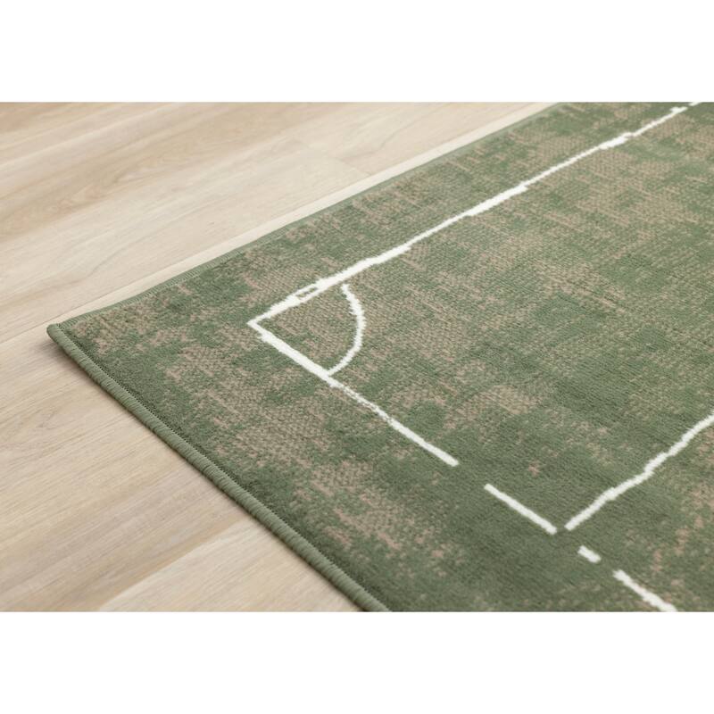 Green Brown Soccer Field Kids Area Rug