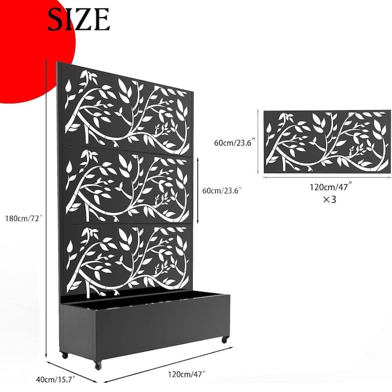 Outdoor Garden Fence, Privacy Screen Planter Box for Vining Plants & Veggies, Leaf Style With Wheels