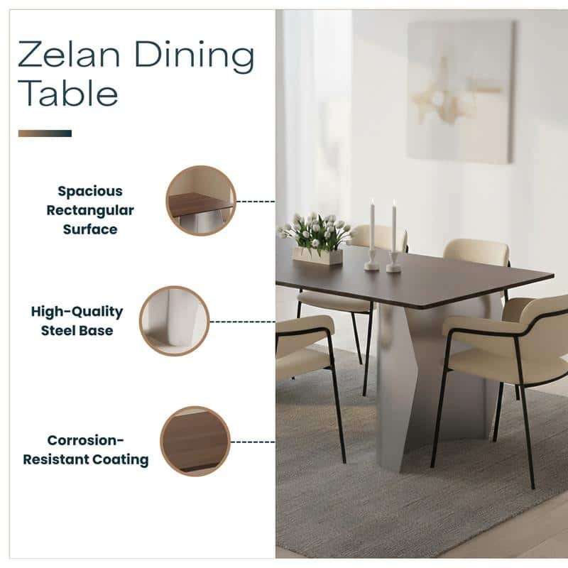 Zelan Mid-Century Modern Sintered Stone Dining Table - Rectangular Kitchen Table with Semi-Circular Steel Legs