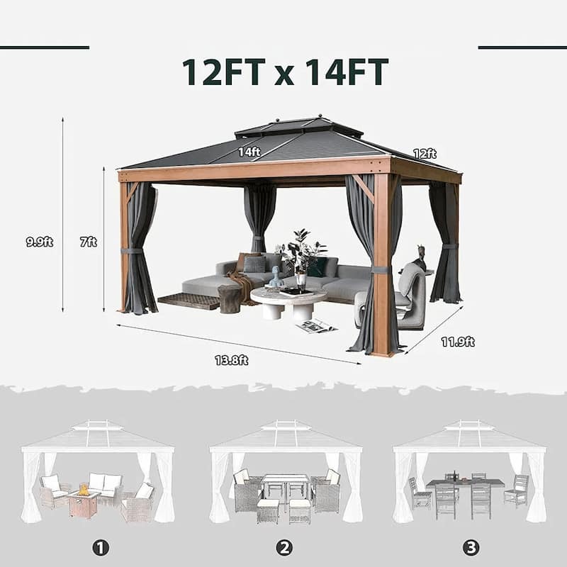 Outdoor Galvanized Steel Roof Gazebo Pergola w Wooden Coated Alumninum Frame, Privacy Curtains and Nettings Include