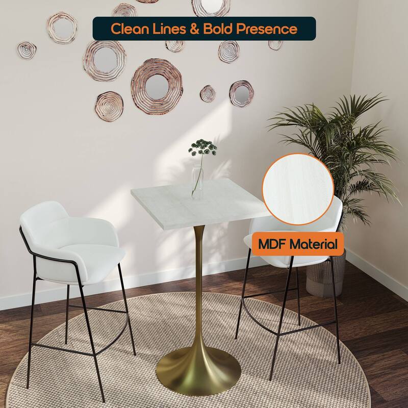 Verve 43 in. Tall Bar Height Dining Table Square MDF Wood Tabletop in Gold Stainless Steel Pedestal Base Accent Bar Table