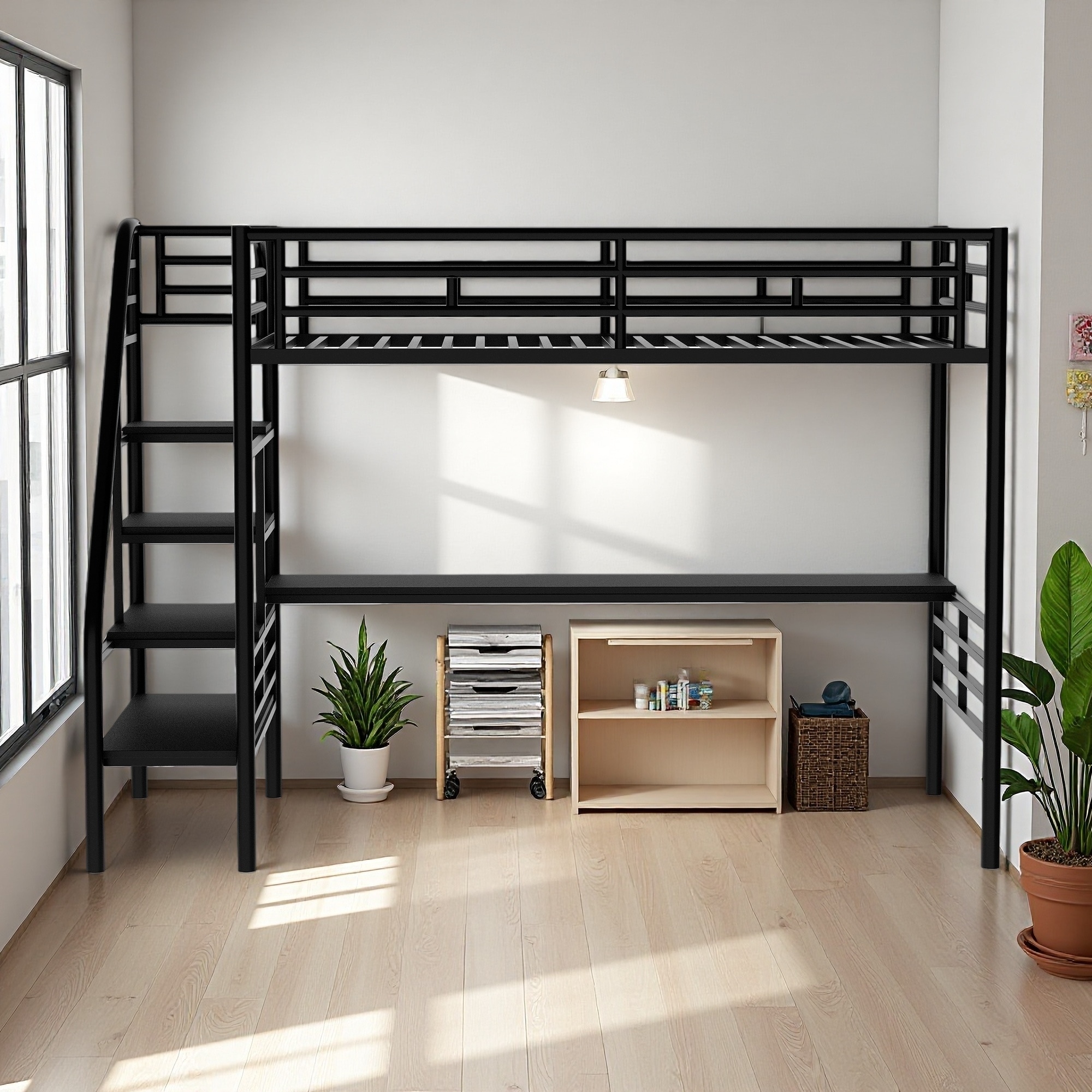 Twin Size Metal Loft Bed with Desk and Guardrails