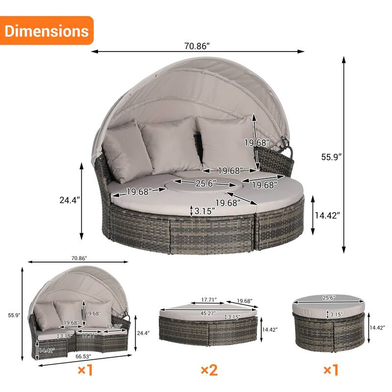 5-Piece Outdoor Patio Conversation Set Wicker Daybed Set with Canopy, Storable Table&Soft Cushions