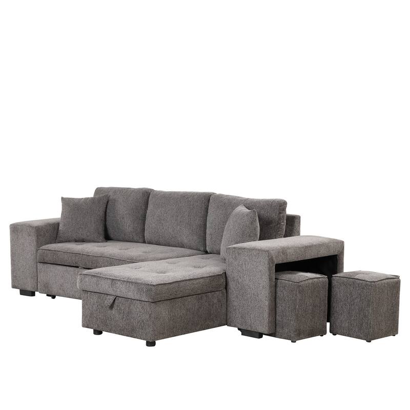 3 Seat L-Shape Sectional Couch, Pull Out Sleeper Sofa with Storage Chaise, Stools