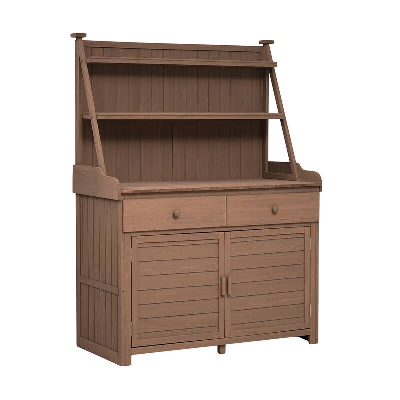 Outdoor Potting Bench Table, Gardening Workstation with Open Storage Shelves, Fir Wood Workstation with 2 Drawers and Cabinet