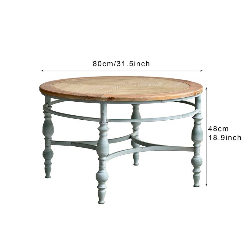 31.50" Accent Rustic Wooden Carved Coffee Table, Easy Assembly, Round Wooden Top Metal Leg Round End Table For Living Room