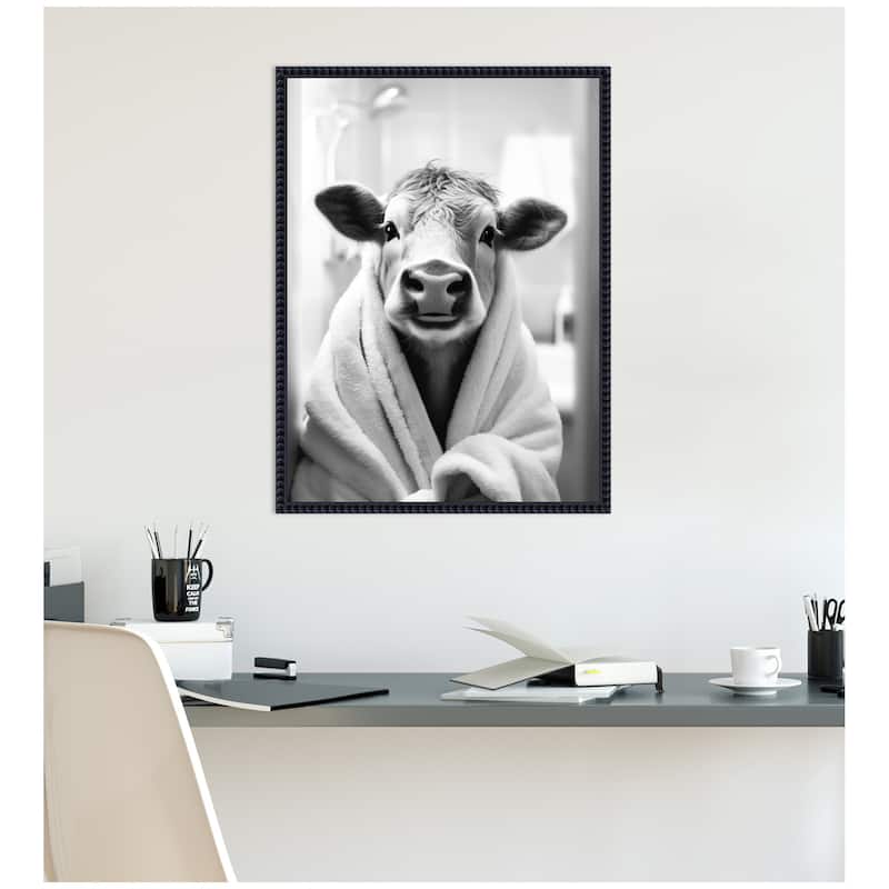 Kate and Laurel Sylvie Cow Bathroom Art Towel Robe Black and White Framed Canvas by The Creative Bunch Studio