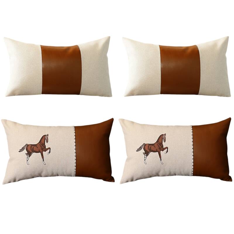 HomeRoots Set Of Four 20" X 12" Beige And Brown Horse Faux Leather Zippered Pillow With Embroidery